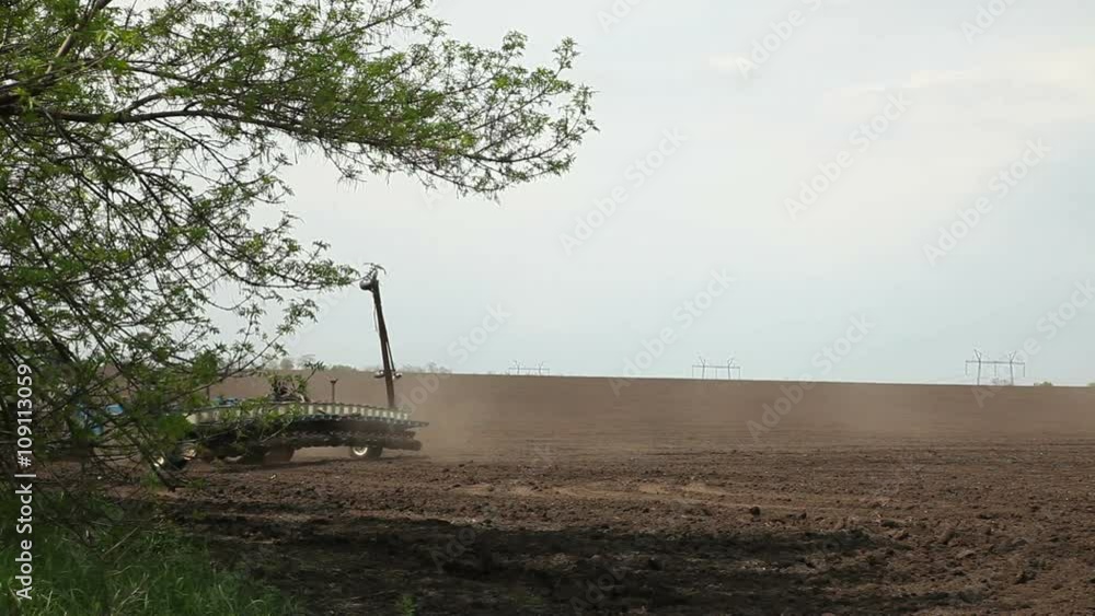 Tractor with drill sows the seeds of sunflower field. Agriculture