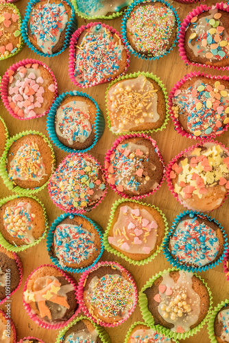 Delicious cup cakes / Tasty decorated cup cakes made by children ready to eat with lots of sugary toppings delicious