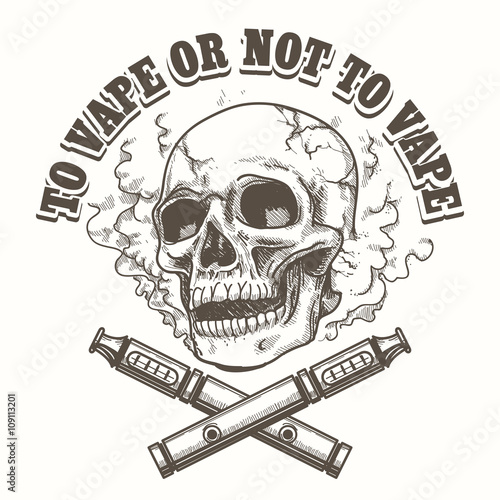 E-cigarette logo template with skull. Vape label or vape shop emblem. Vector illustration