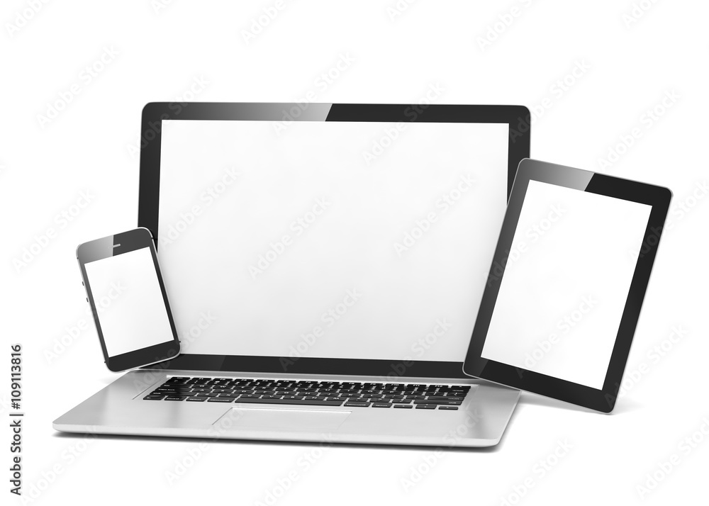 laptop, tablet, phone, on white. 3d rendering. laptop, tablet, phone, on white. 3d rendering.