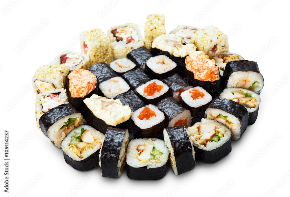 Set of sushi, maki and rolls isolated at white Set of sushi, maki and rolls isolated at white