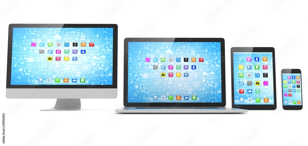 Responsive web design, laptop, smartphone, tablet, computer, display. 3d rendering. Responsive web design, laptop, smartphone, tablet, computer, display. 3d rendering.
