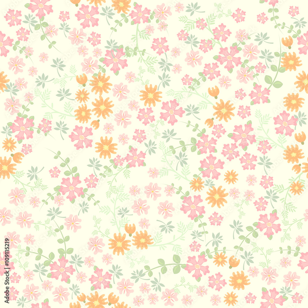 Seamless ditsy. Floral pattern. Flowers on beige background. Vector illustration.