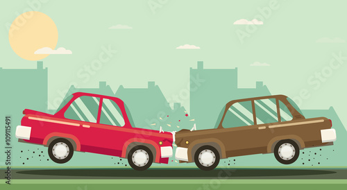 Car crash. Two cars hit head-on. Flat design.