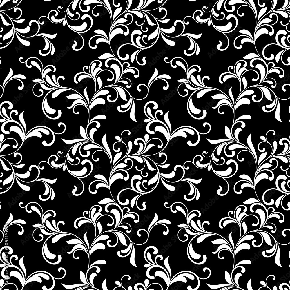 Luxurious seamless pattern. Tracery of swirls and leaves on a black background. Vintage style Luxurious seamless pattern. Tracery of swirls and leaves on a black background. Vintage style