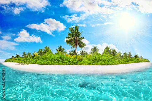 Whole tropical island within atoll in tropical Ocean on a summer