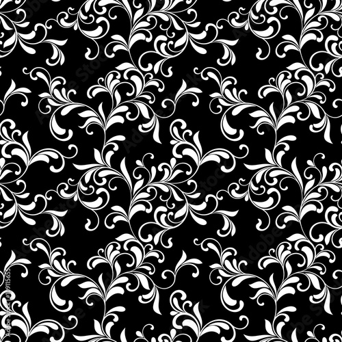 Luxurious seamless pattern. Tracery of swirls and leaves on a black background. Vintage style