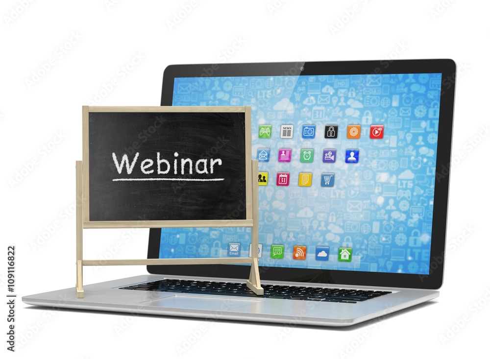 Laptop with chalkboard, webinar, online education concept. 3d rendering. Laptop with chalkboard, webinar, online education concept. 3d rendering.
