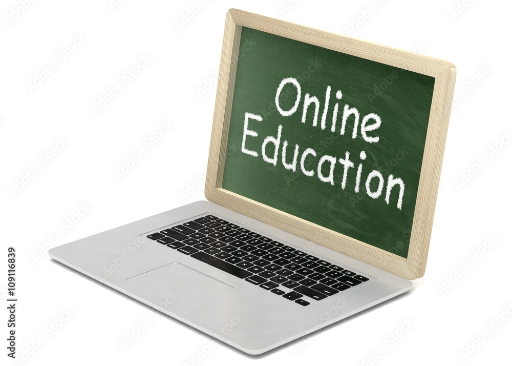 Laptop with chalkboard, online education concept. 3d rendering. Laptop with chalkboard, online education concept. 3d rendering.