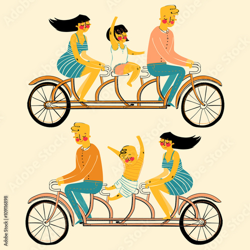 Vector illustration of a young family man woman and child riding on  tandem bike