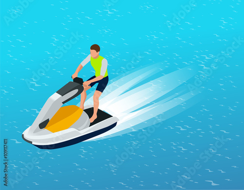 Young Man on Jet Ski, Tropical Ocean. Creative vacation concept. Water Sports.  Fun in the ocean, Extreme Sport, water skiing  flat 3d vector isometric illustration. 