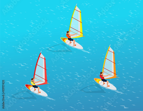 Windsurfer on a board for windsurfing. Creative vacation concept. Water Sports. Windsurfing, Fun in the ocean, Extreme Sport, Windsurfing icon, Windsurfing flat 3d vector isometric illustration.