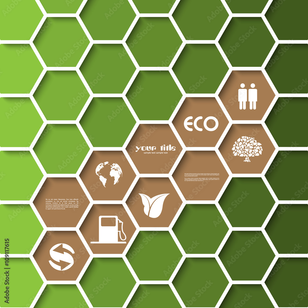 Ecology signs and symbols on a comb background. Individually editable hexagons. Ecology signs and symbols on a comb background. Individually editable hexagons.