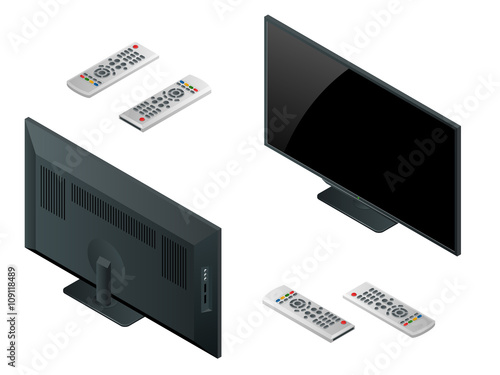 TV flat screen lcd, plasma realistic vector illustration, tv mock up. Black HD monitor mockup. Modern video panel black screen mock-up Widescreen show your business presentation on flat display tv set