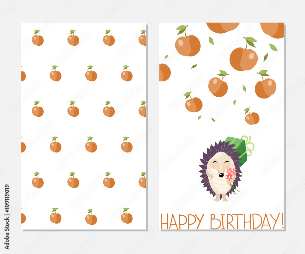 Happy birthday. Stylish inspiration card in cute style with cartoon hedgehog and apples