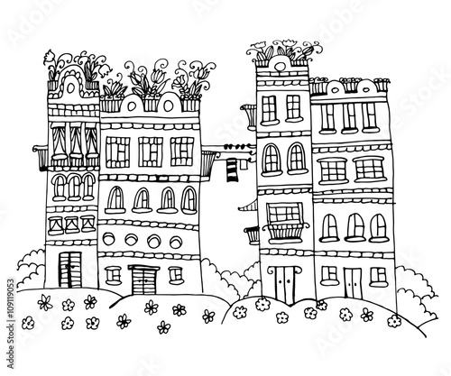 beautiful street with houses with flowers on the roof, contour doodle sketch vector illustration