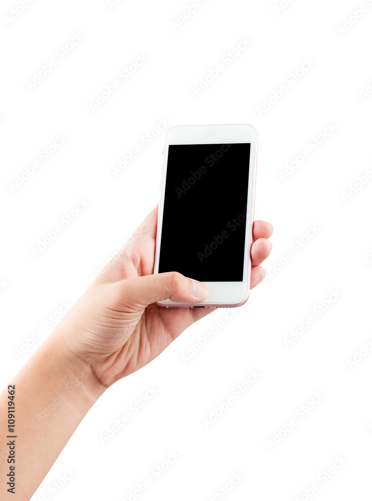 Female hand holding phone isolated with clipping path inside