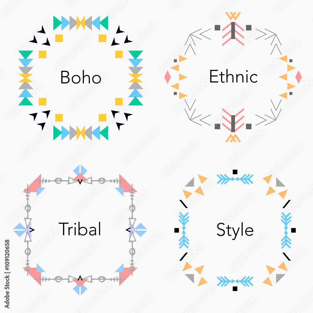 Boho tribal ethnic style cards and frames set. Vector illustration