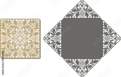 Paper cut out card. Laser cut pattern for invitation card for wedding. Wedding invitation envelope template.