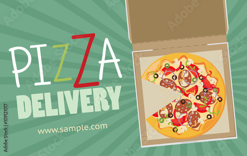 Pizza box vector advertisement banner. Pizza box delivery 