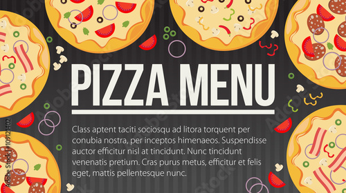 Flat style. Pizza card menu. Vector illustration.