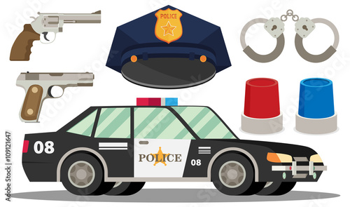Police vector icon set- police hat,car,handcuffs, weapons 