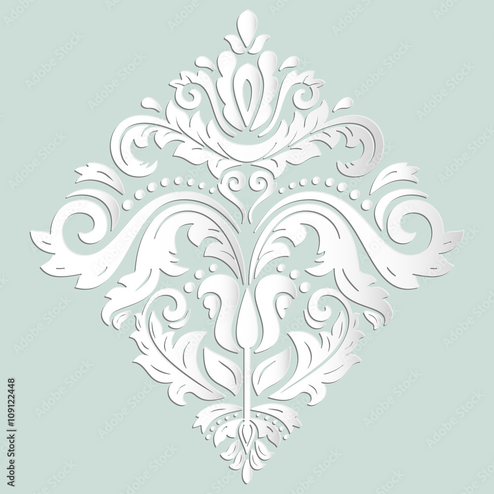 Oriental light blue and white ornament. Fine traditional pattern with volume 3D elements, shadows and highlights
