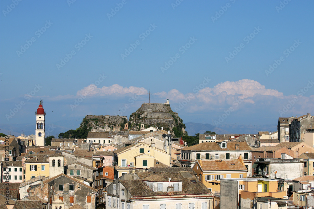 Corfu town cityscape old fortress and buildings