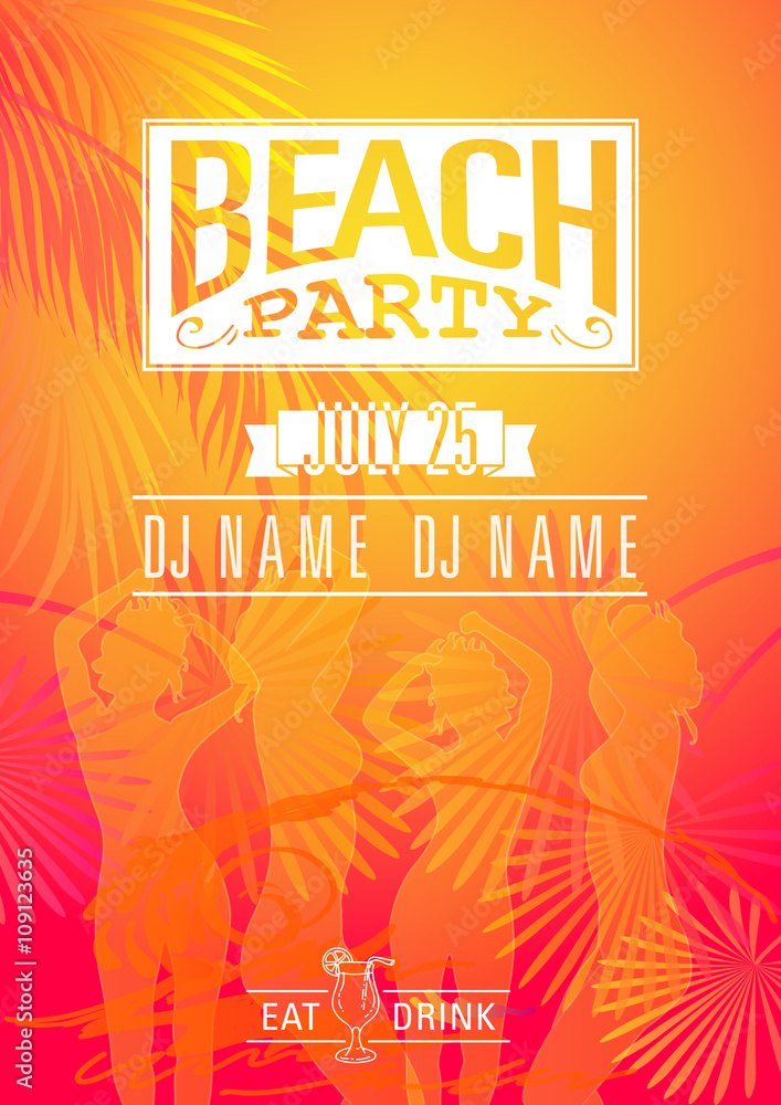 Fototapeta Summer Beach Party Flyer Vector Illustration with People Dancing in the Background