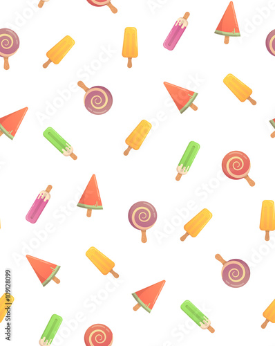 Funny summer pattern with ice cream. Several types of cream candy, fruit, vanilla, watermelon. Bright pattern of the candy store.