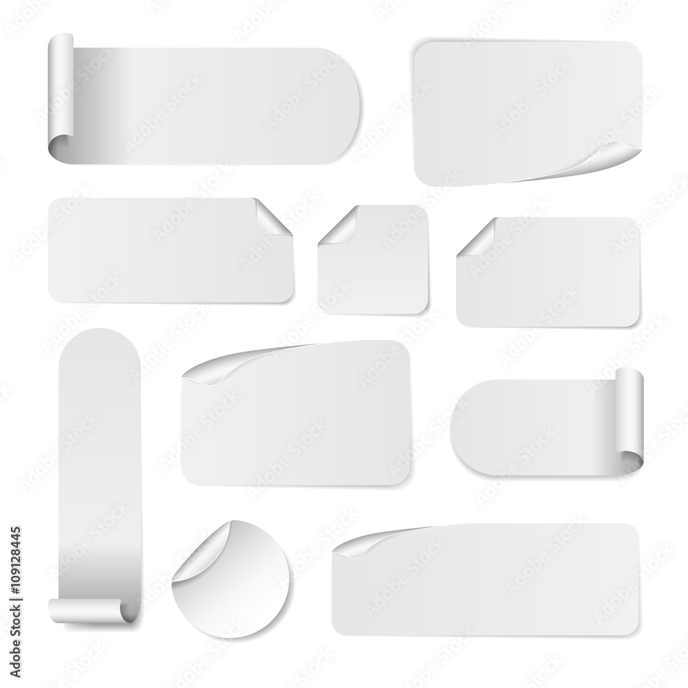 Blank white paper stickers isolated on white background. Round, square and rectangular  sticker template. Sale and Clearance stickers and banners. Big Sale  promotion. Blank white Sticker Templates Stock Vector | Adobe Stock