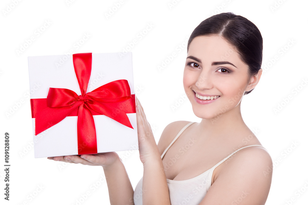 portrait of young beautiful woman with gift box isolated on whit portrait of young beautiful woman with gift box isolated on whit