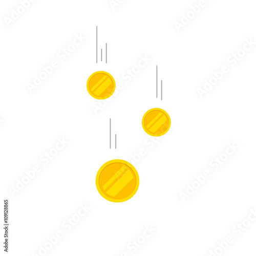 Falling coins money vector illustration, flying gold coins with gray track, coins dropping abstract golden rain concept modern flat cartoon design isolated on white background