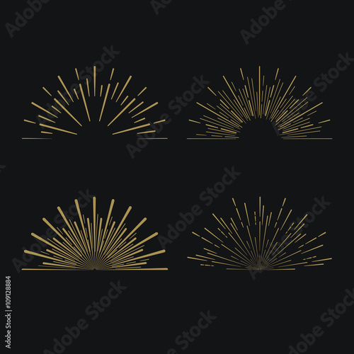 Retro Sun burst shapes. Vintage starburst logo, labels, badges. Sunburst minimal logo frames. Vector firework design elements isolated. Sun burst light logo. Minimal vintage gold firework burst.