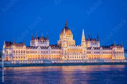 Budapest, Hungarian Parliament and Danube by night at blue hour