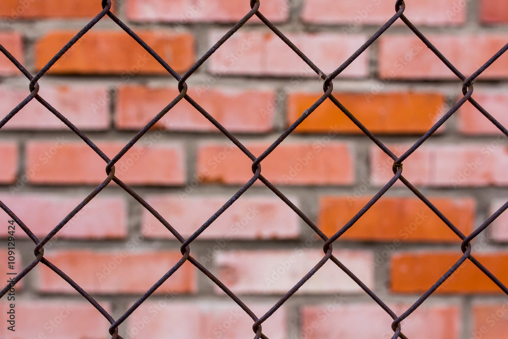 Fototapeta premium Fence of metal mesh against a brick wall, background