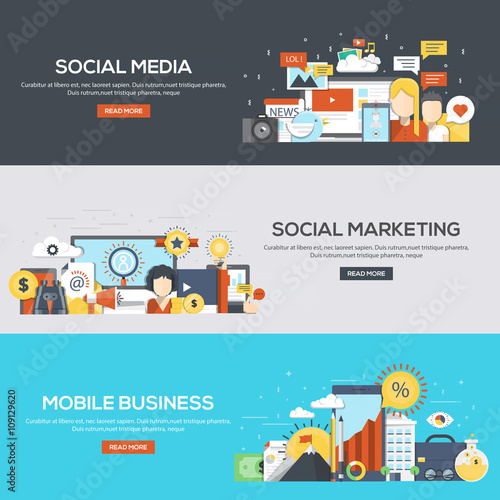 Flat designed banners- Social media, Social Marketing and Mobile
