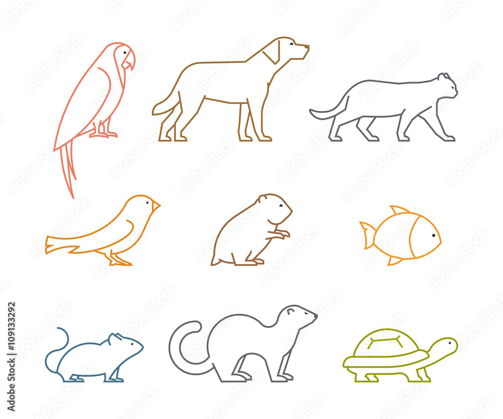Colored line group of pets. Silhouettes animals Colored line group of pets. Silhouettes animals