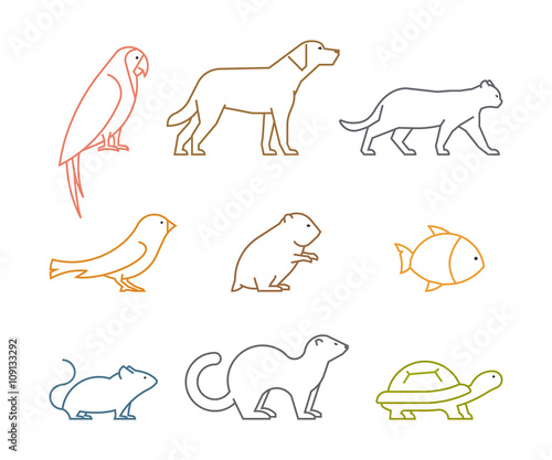 Colored line group of pets. Silhouettes animals