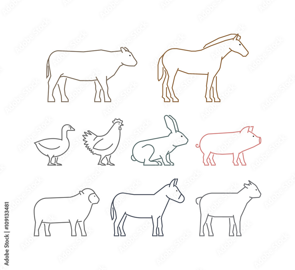 Vector line set of farm animals