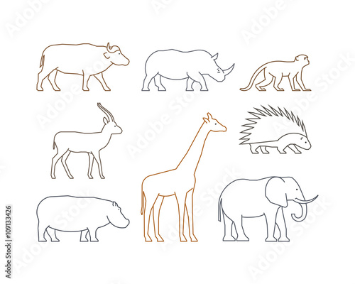Fototapeta Naklejka Na Ścianę i Meble -  Colored vector line set of african animals