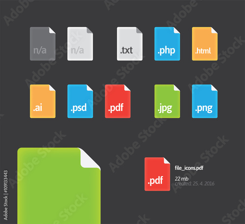 Set of quality file type icons. Page with folded corner. Icons ideal for dark interface. Colorful icons with gradient.