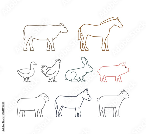 Vector line set of farm animals