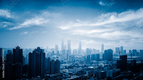 shanghai skyline,blue toned image.