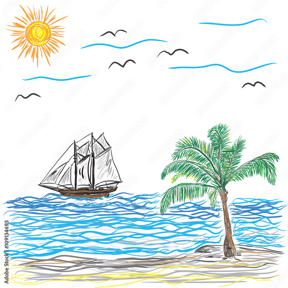 Beach with Palm Tree and ship, vector illustration