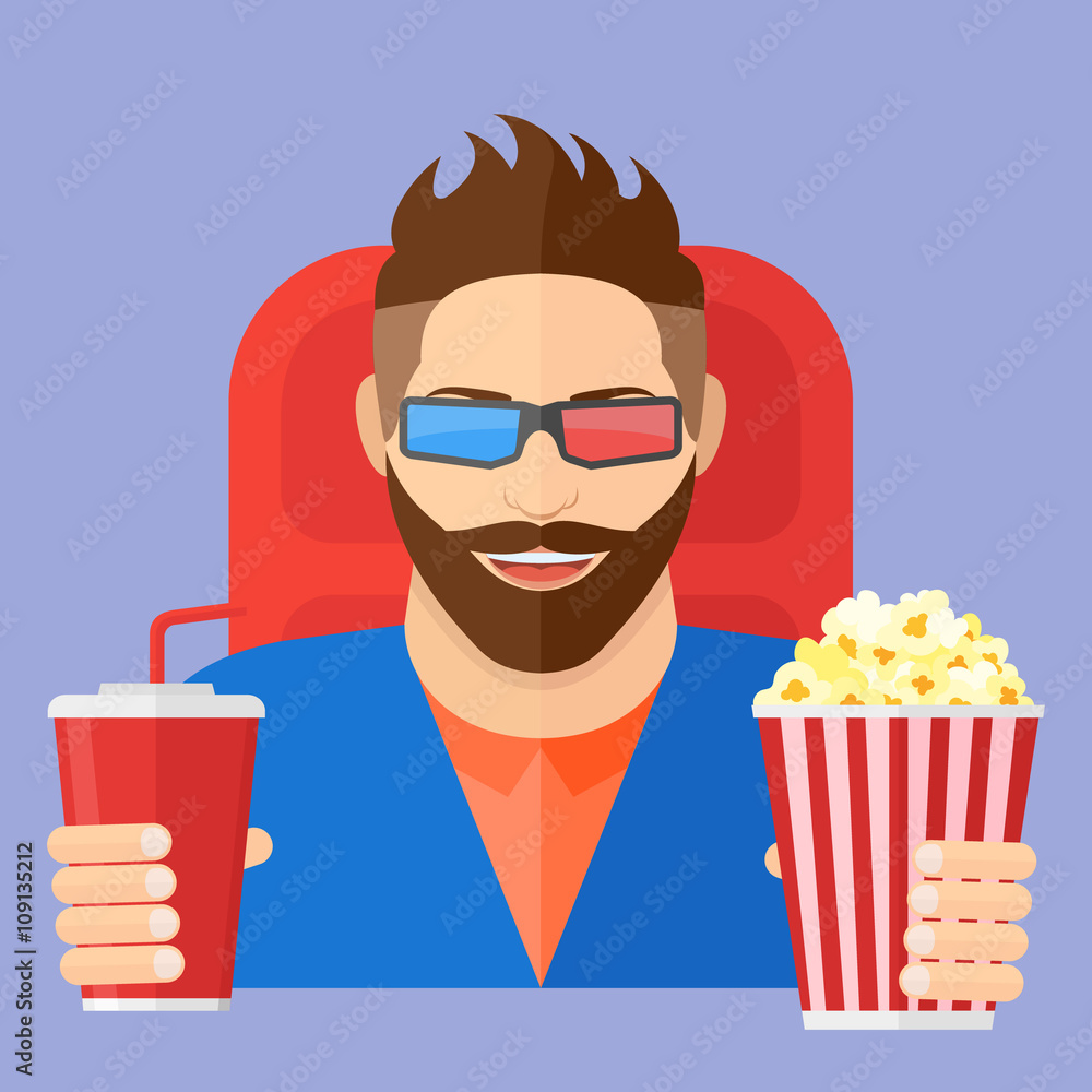 Smiling young man with popcorn and soda in the cinema. Male bearded character. Flat style vector illustration.