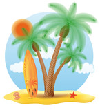 surfboard standing under a palm tree vector illustration