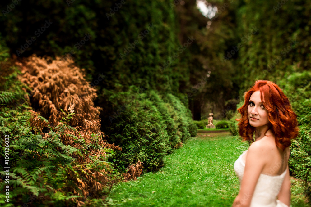 Spectacular glance of the redhead bride in the park Spectacular glance of the redhead bride in the park
