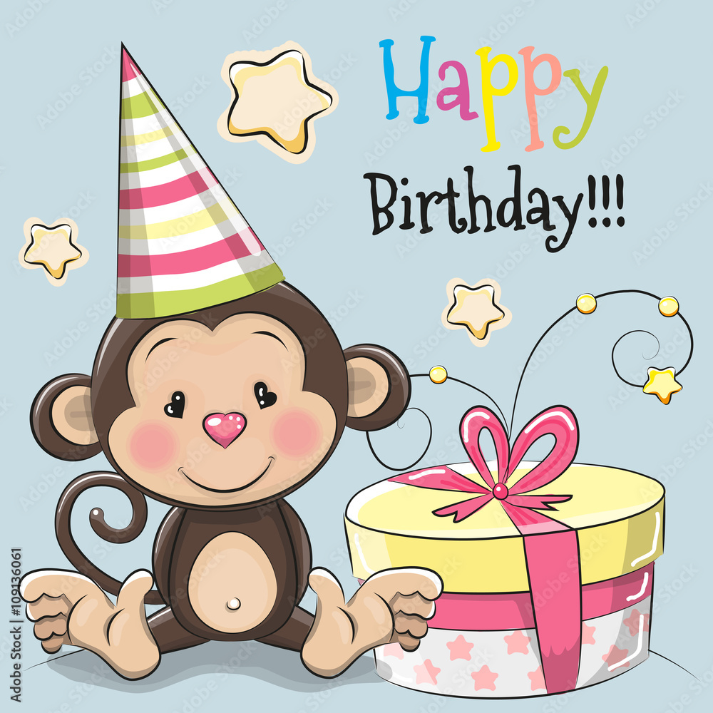 Obraz premium Greeting card cute monkey with gift