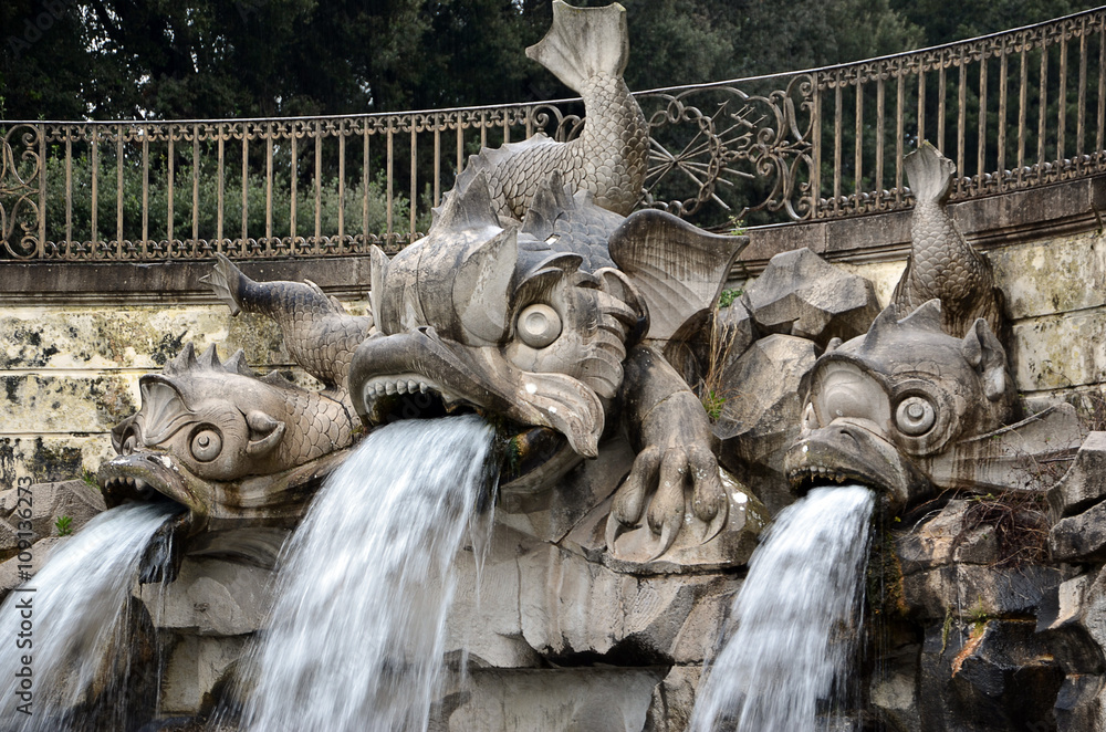dolphin fountain in the royal palace of Caserta Italy